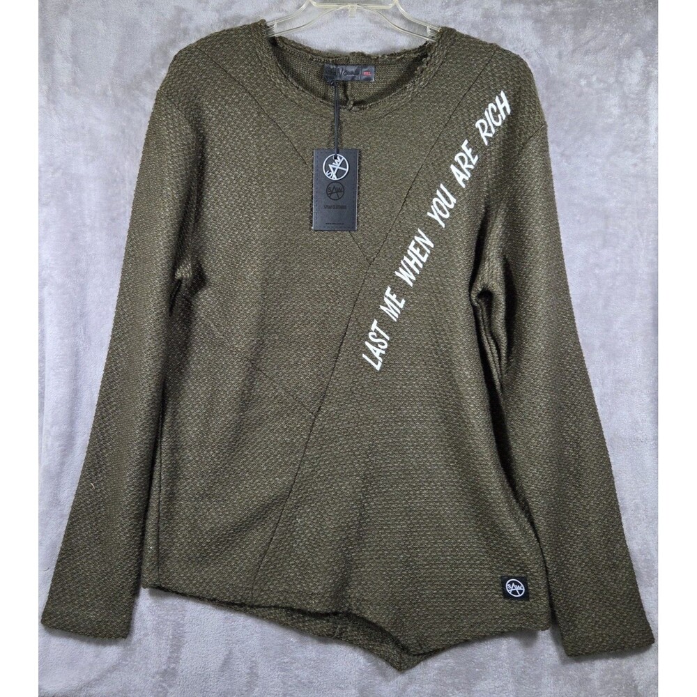 SAW Men's Olive Green Textured Knit Sweater XXL Distressed Raw Hem Graphic